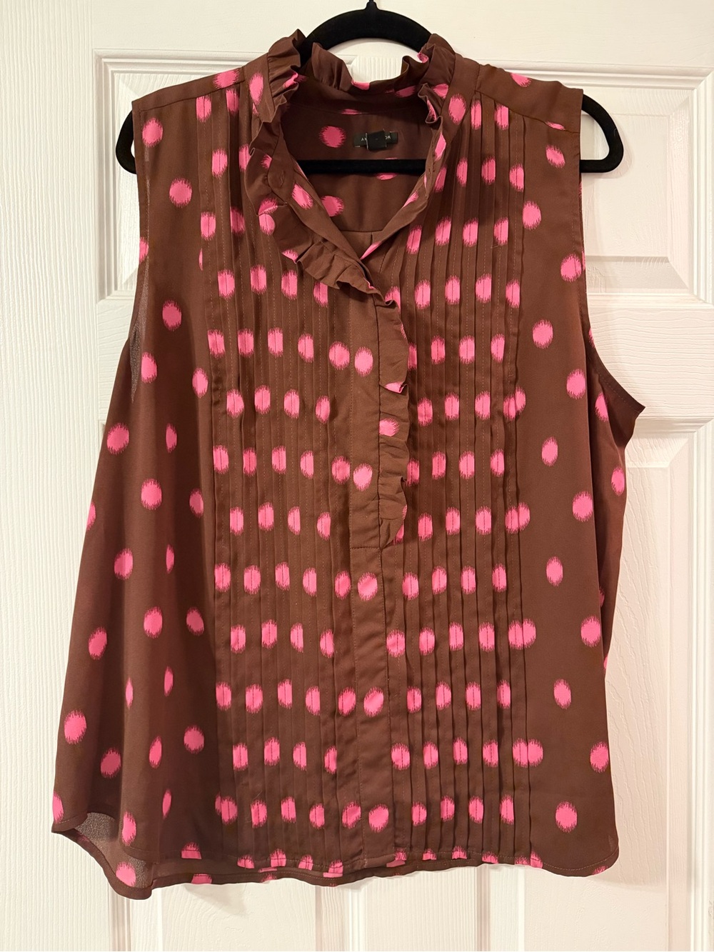 Ann Taylor Brown Sleeveless Blouse with Pink Polka Dots